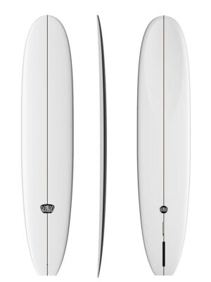 Complete view of the Bamba Beacon longboard showing deck, side, and bottom.