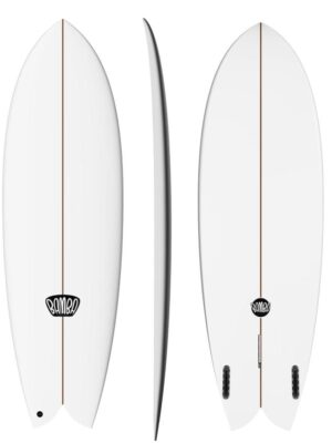 Complete view of the Bamba Classic Twinfin surfboard showing deck, side, and bottom.