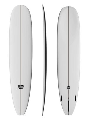 Complete view of the Bamba Hawaiian Style longboard showing deck, side, and bottom.