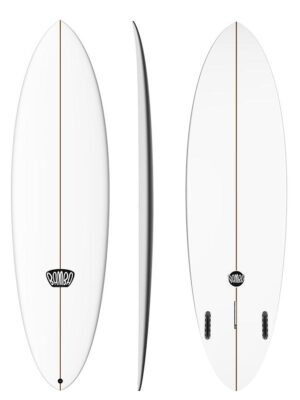 Full overview of the Bamba Mid Twin midlength surfboard showing the deck, bottom, and side rail profile views.