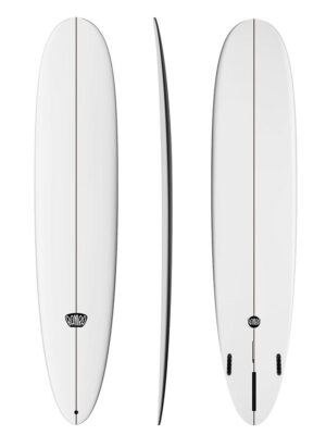 Complete view of the Bamba MVP longboard showing deck, side, and bottom.