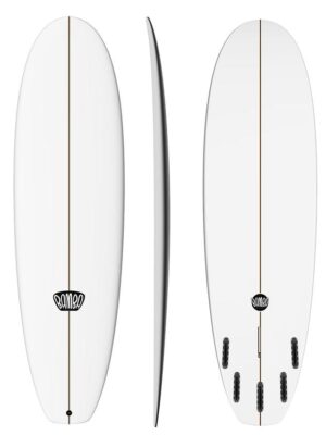 Complete view of the Bamba Slipper surfboard showing deck, side, and bottom.