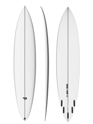 Heavy water Demon surfboard by Glassing Monkey deck side and bottom views