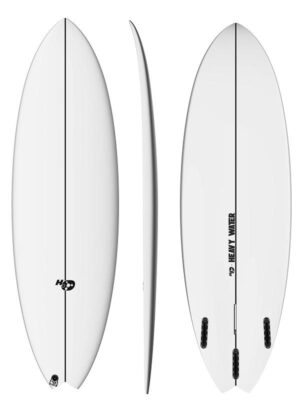 Heavy water Druida surfboard by Glassing Monkey deck side and bottom views