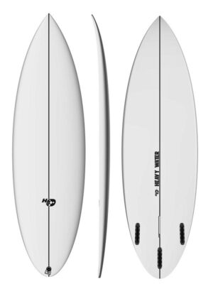 Full overview of the Heavy Water Killer shortboard surfboard showing the deck, bottom, and side rail profile views.