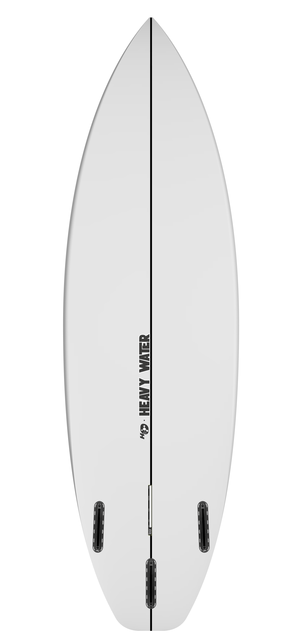 Bottom hull view of the Heavy Water Secret Weapon surfboard by Glassing Monkey, highlighting the wider bump squash tail design.