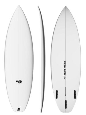 Complete multi-angle studio display of the Heavy Water Secret Weapon shortboard by Glassing Monkey, showing deck, bottom, and side views
