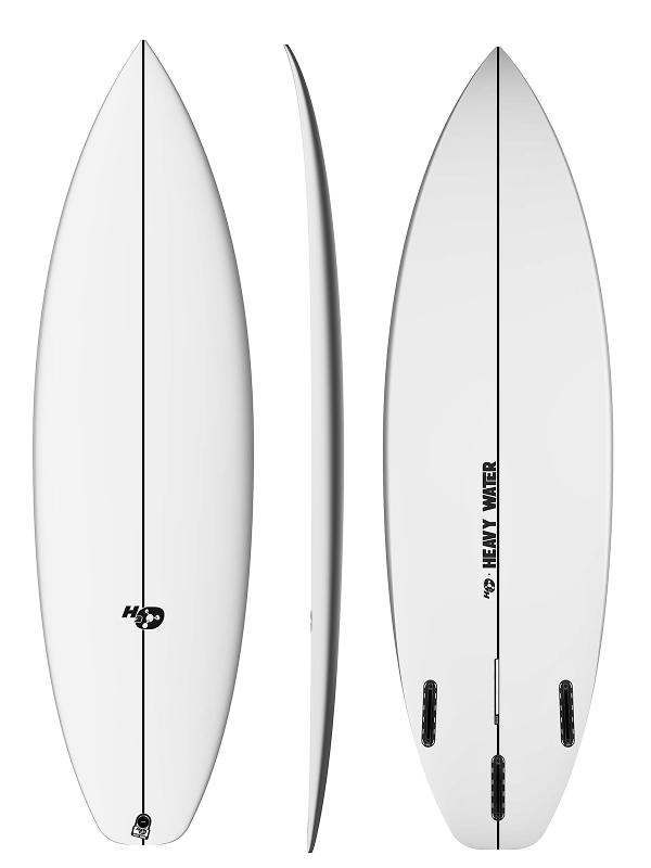 Complete multi-angle studio display of the Heavy Water Secret Weapon shortboard by Glassing Monkey, showing deck, bottom, and side views