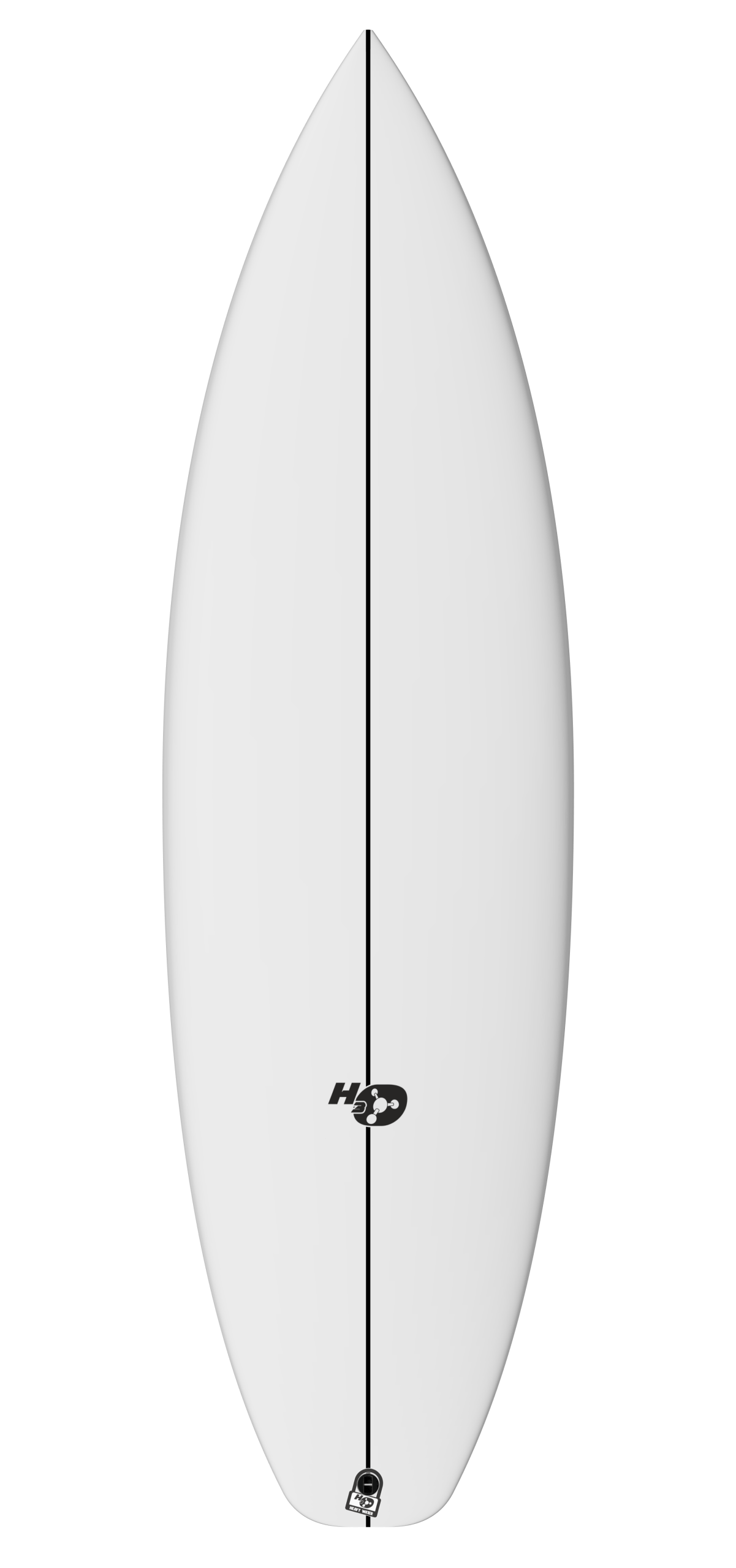 Top deck view of the Heavy Water Secret Weapon surfboard by Glassing Monkey, showcasing its compact high-performance layout.