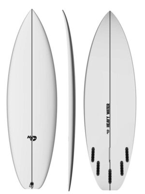 Full overview of the Heavy Water Small Duty fish surfboard showing the deck, bottom, and side rail profile views.
