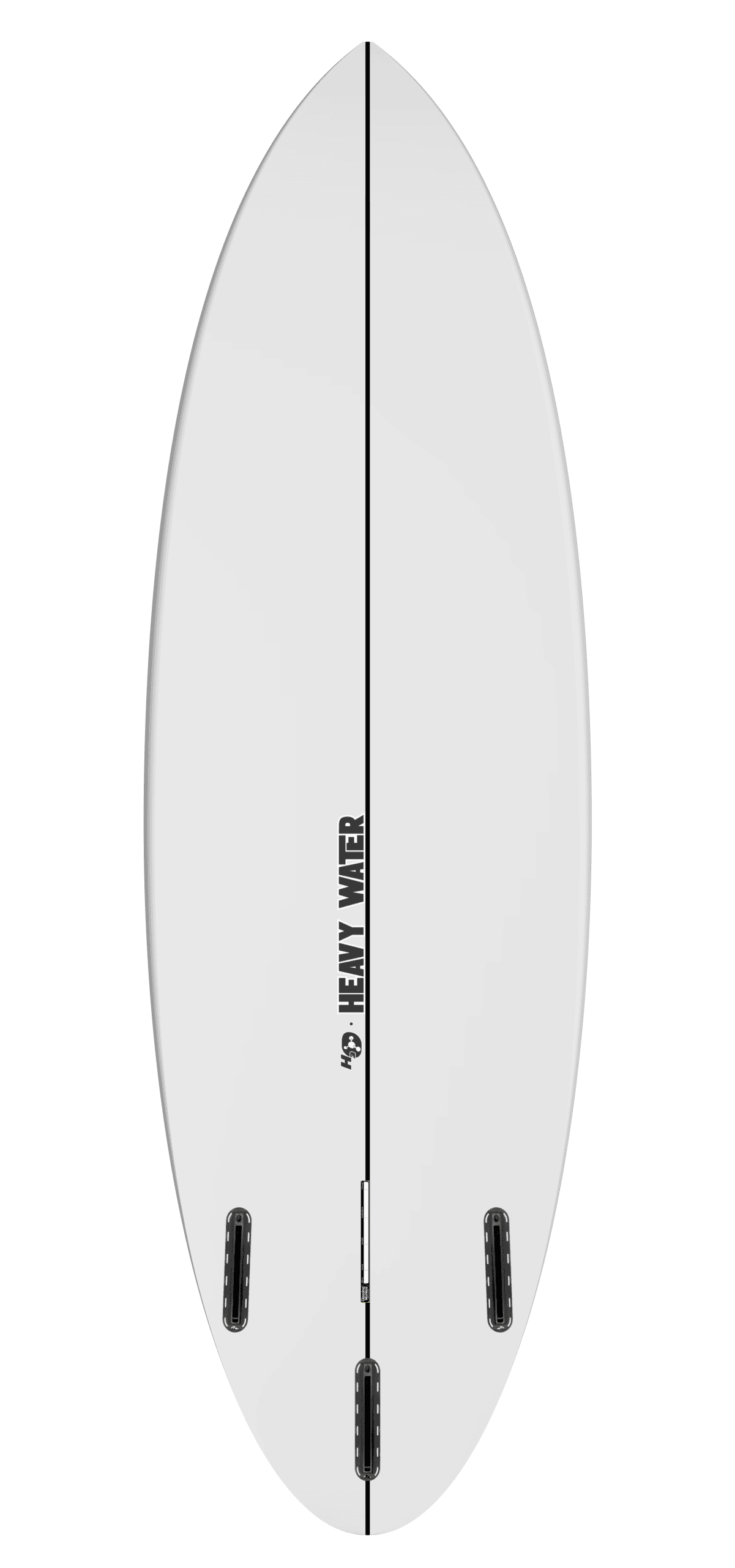 Bottom view of the Heavy Water Speed Devil small waves surfboard highlighting the speed-generating contours.