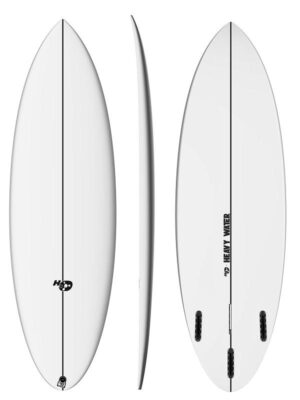 Full overview of the Heavy Water Speed Devil small waves shortboard surfboard showing the deck, bottom, and side rail profile views.